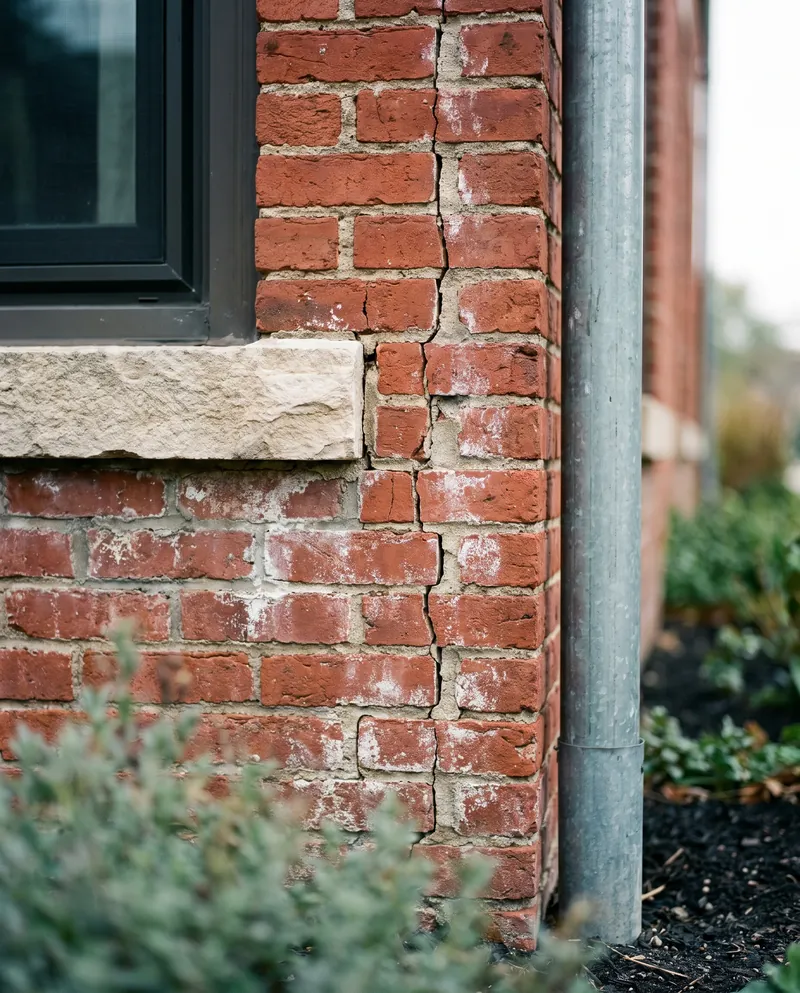 Close view of a brick building corner with a limestone sill, a galvanized downspout, and a settlement crack in the mortar.