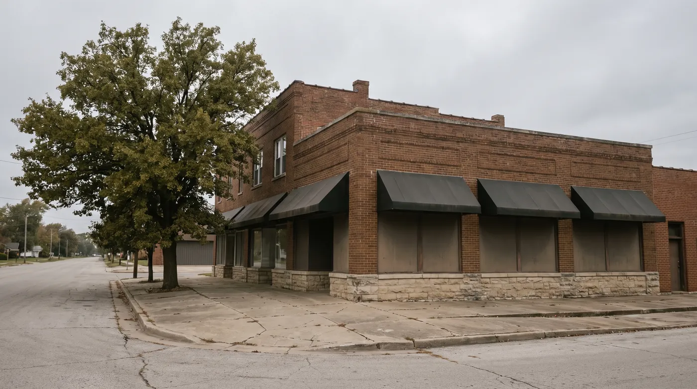 A two-story brick commercial building on a small-town corner with plain awnings, a limestone base, an oak tree, and an empty sidewalk.