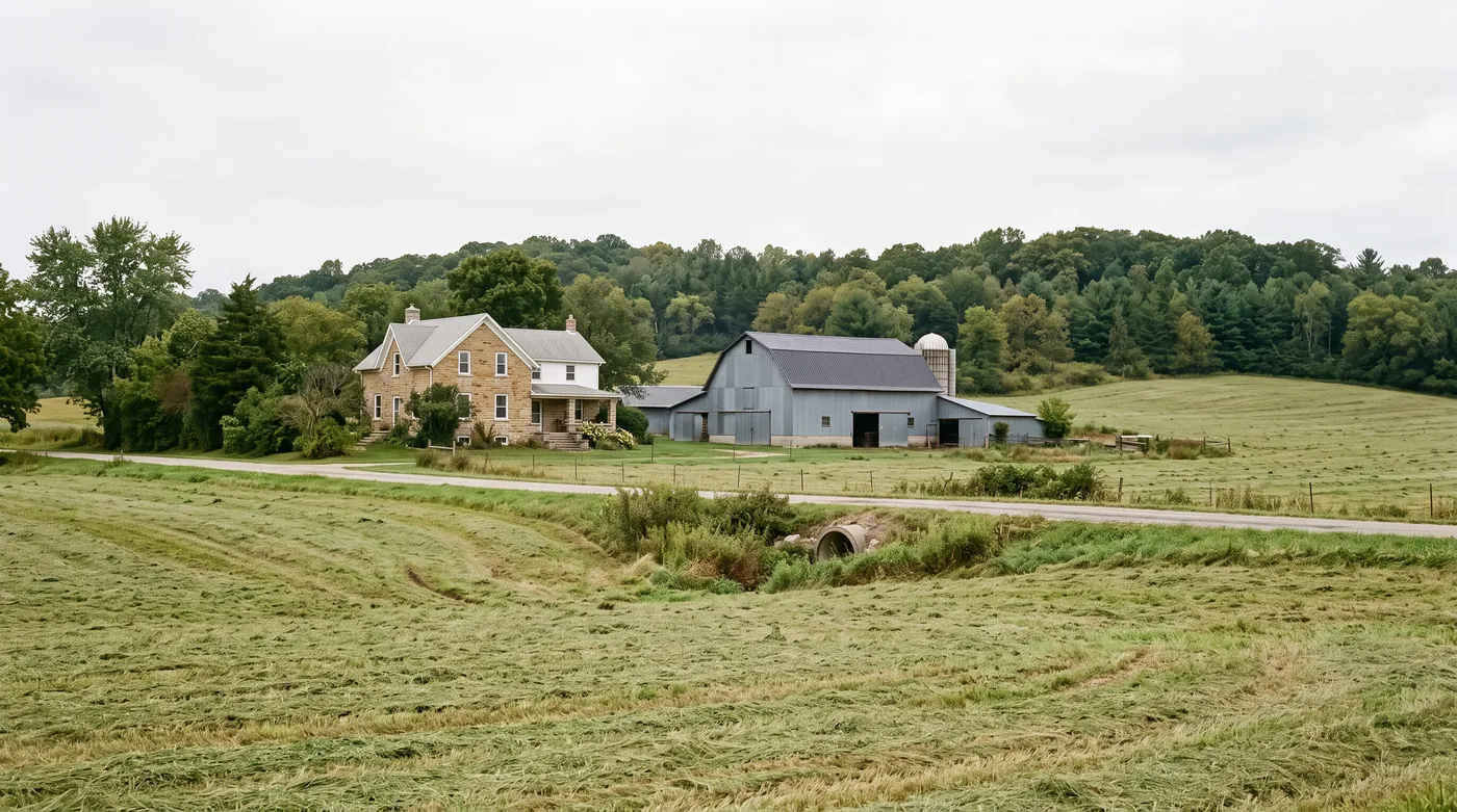 A stone farmhouse and a metal barn beside a county road, with a mown field in the foreground and a wooded ridge behind.