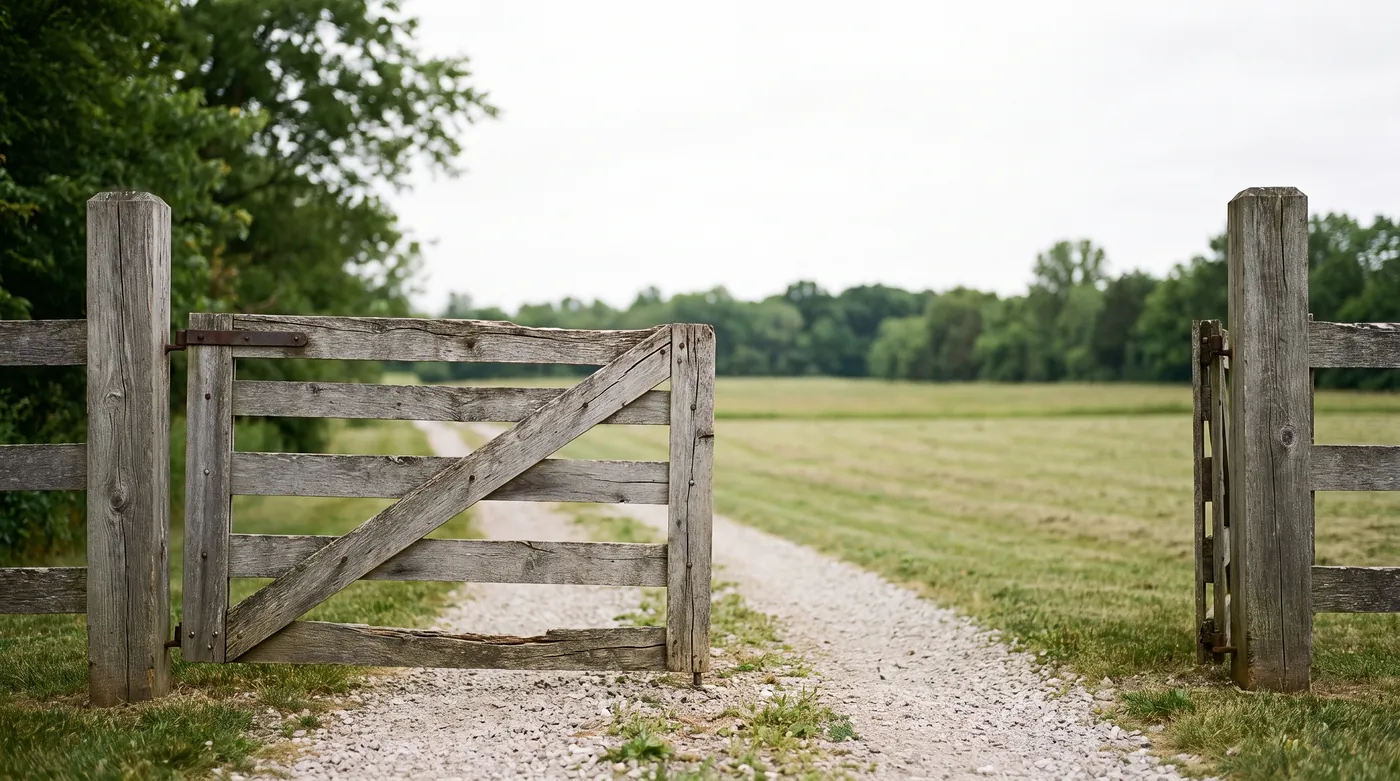 A weathered wooden gate standing open onto a gravel lane between fence posts, with a mown pasture and tree line beyond.