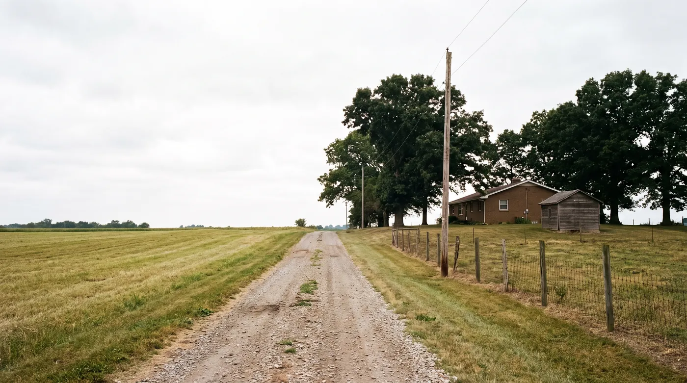 A gravel lane running past an open field toward a modest brick house and outbuilding among mature trees under a bright overcast sky.