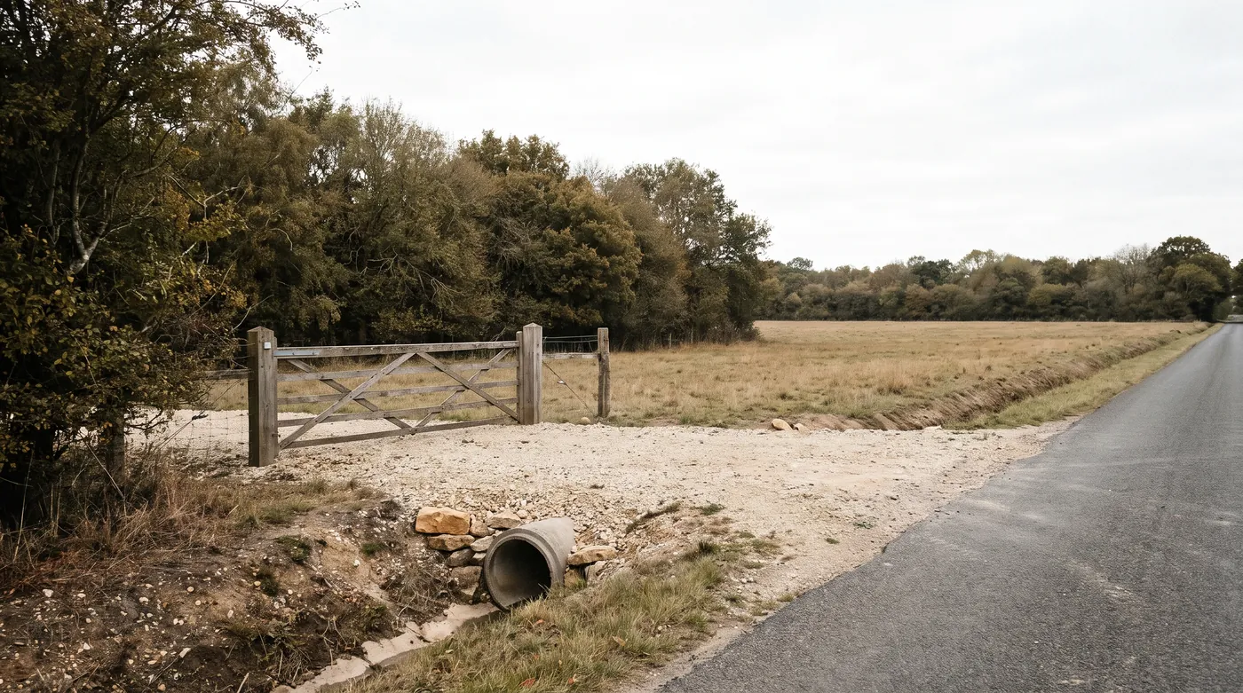 A wooden field gate on a gravel pull-off beside a quiet road, with a drainage culvert, an open field, and a tree line.
